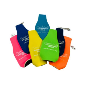 Coconut Jack's Beer Koozies all grouped together in pink, yellow ,green, teal, blue, orange