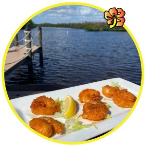 A plate of food on the dock near water