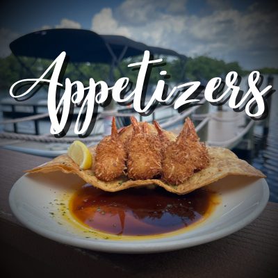 A plate of food with shrimp on top and the word " appetizers ".